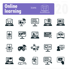 Online learning icons featuring students studying with laptops and mobile devices