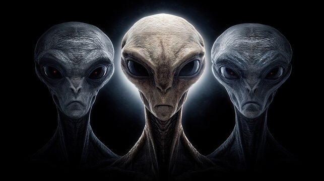 Three mysterious alien beings with large eyes and elongated heads standing in darkness with glowing light