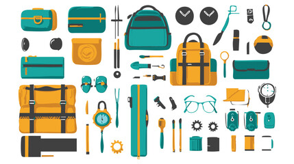 travel accessories and backpack flat design set

