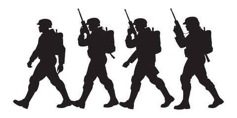 Silhouette of a soldier walking with rifle in hand. Ideal for military-themed designs, patriotic artwork, and army apparel.