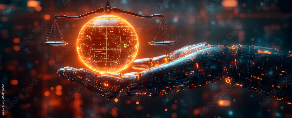 Poster futuristic robotic hand holding glowing digital globe with hanging scales symbolizing justice in a h