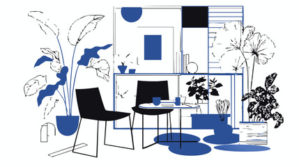 minimalist modern living room interior line art with plants