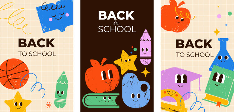 Back to School vertical hand drawn colorful posters 