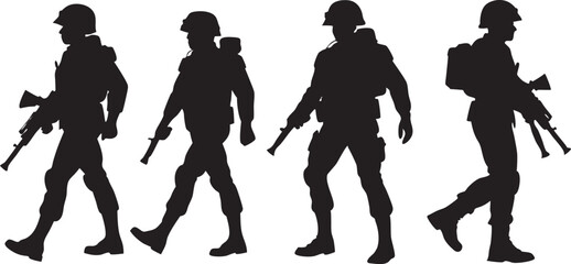 Silhouette of a soldier walking with rifle in hand. Ideal for military-themed designs, patriotic artwork, and army apparel.