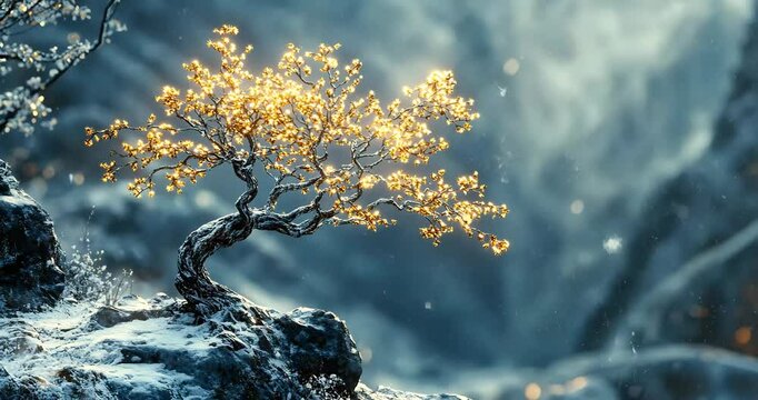 A golden bonsai tree perched on a snowy cliff, glowing in the winter light.