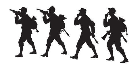 Silhouette of a soldier walking with rifle in hand. Ideal for military-themed designs, patriotic artwork, and army apparel.