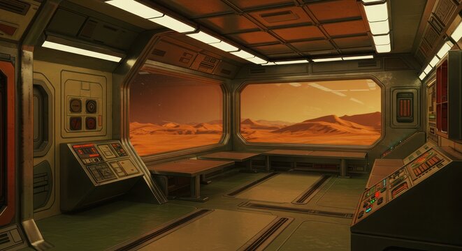 70s space station interior with alien desert view. Nostalgic, adventurous, retro-futuristic background.