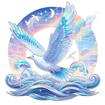 흰 배경, 갈매기, 홀로그래픽 아트, jpeg (white background, Sea mew, holographic art, jpeg)