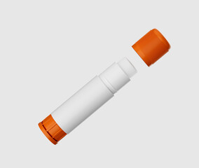 Close-up of an open glue stick with a white body and orange cap. 3d illustration