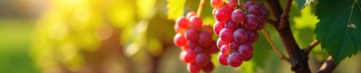 Close-up of ripe, sun-drenched wine grapes hanging on the vine, ready for harvest Vibrant colors and visible dew drops showcase the fruit's quality , winemaking, healthy