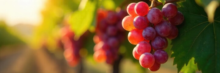 Close-up of ripe, sun-drenched wine grapes hanging on the vine, ready for harvest Vibrant colors and juicy texture are evident Perfect for winemaking and vineyard imagery , food, winegrowing, plant