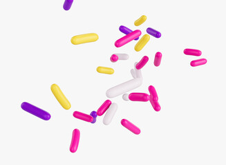 Bright and colorful candy sprinkles scattered on a white background, 3d illustration