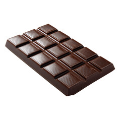 A dark chocolate bar with rectangular segments and a glossy, smooth texture