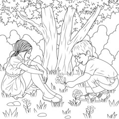 Vector illustration, boy gives flowers to girl in the meadow