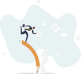 Efficiency or productivity to finish work, manage busy workload or paperwork, project documents or overcome exhausted or challenge concept. character life .