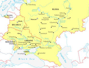 Obraz premium Vector ukraine, russia, belarus, moldova with cities on political world map. Fragment of eastern european region with kaliningrad, kiev, moscow, chisinau, crimea, sevastopol, mariupol, donetsk, odesa