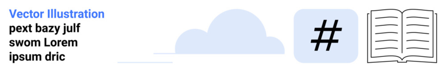 Cloud, metadata tag, and open book visuals symbolize technology, online communication, and knowledge sharing. Ideal for education, online learning, content marketing, digital tools innovation