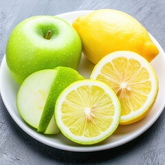 Vibrant green and ripe yellow lemon slices on a white plate glowing in soft morning light on gray surface