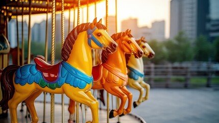 Vintage carousel horses with colorful saddles illuminated by warm sunset light in urban outdoor amusement setting
