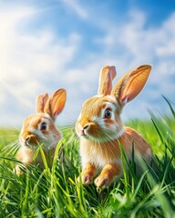 Obraz premium Wildlife photography of two brown rabbits hopping through green grass under a blue sky with soft clouds in natural sunlight