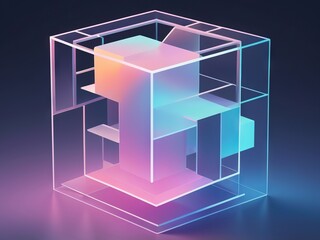 An abstract transparent colorful minimalist cube made of glass, straight lines, geometry shapes, dark background, isolated. High resolution background.