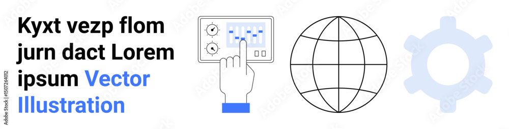 Aufkleber hand pointing at control panel, globe symbolizing worldwide network, gear for functionality and proc