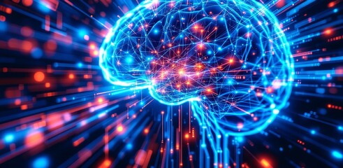 Obraz premium A glowing digital brain with interconnected neural networks and vibrant lines, representing artificial intelligence and advanced technology.