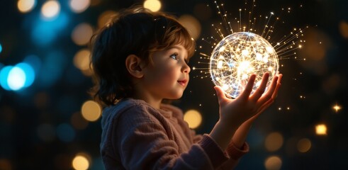 Naklejka premium A young child gazes in wonder at a glowing, futuristic sphere of light, surrounded by sparkling bokeh in a dark, magical setting.