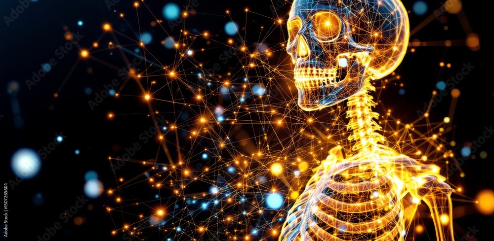 Poster A glowing digital human skeleton is interconnected with bright, abstract network lines and nodes on a dark background.