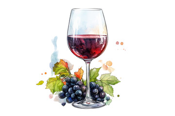 Red wine glass with grapes and leaves