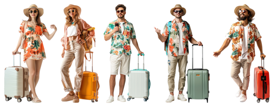 PNG Stylish travelers with colorful luggage, element set on transparent background