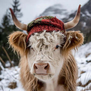 Highland cow with wooly cap