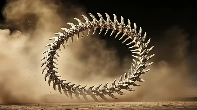 A surreal floating sculpture of interlocking bones in a dusty desert landscape at dusk