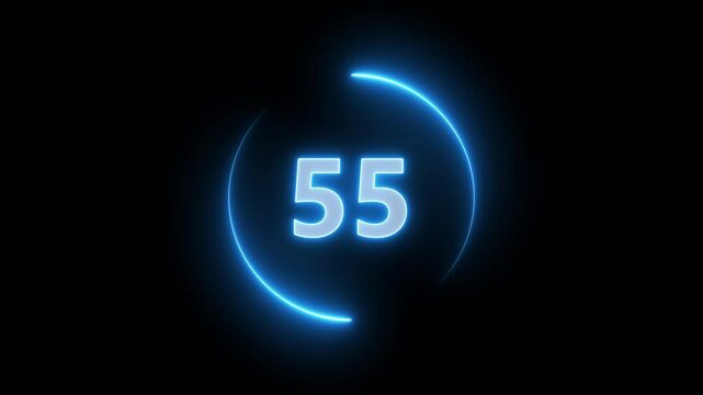 Glowing neon countdown one minute animation from 60 to 0 seconds. Modern flat design with animation in black background. HD quality.