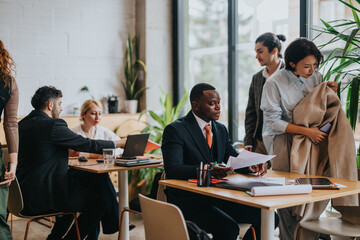 Diverse people working together in a bright open-plan office with a rustic and natural theme, fostering teamwork and innovation in a collaborative environment.