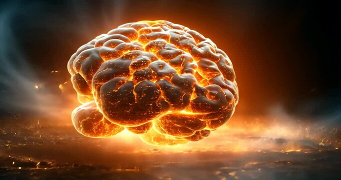 A human brain explodes with fiery energy in space, symbolizing the power of thought.