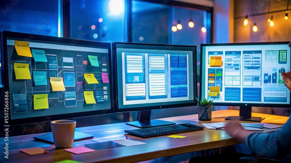 Poster multiple monitors displaying ui/ux design layouts and wireframes on a modern office desk, with stick