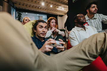Several individuals gathered together in a casual setting enjoying a gaming experience, depicting...