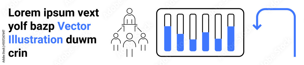 Poster team hierarchy connected to organizational structure, bar chart highlighting data progress, and curv