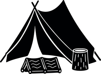 Camping Scene with Tent, Campfire, and Sleeping Bag. silhouette vector.