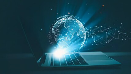 A futuristic laptop projects a glowing blue hologram of the Earth and digital connections, symbolizing global communication and advanced digital technology, network lines effect, copy space area. - Powered by Adobe