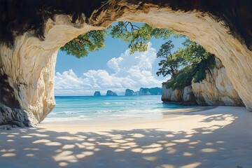 Tranquil beach scene viewed through a cave opening.