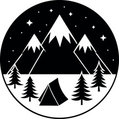 Camping under the stars in the mountains. Silhouette vector.