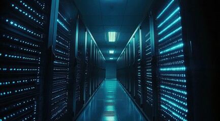 Fototapeta premium High-tech data center corridor with rows of glowing blue server racks on both sides under ceiling lights showing modern computing infrastructure for cloud storage and enterprise networks