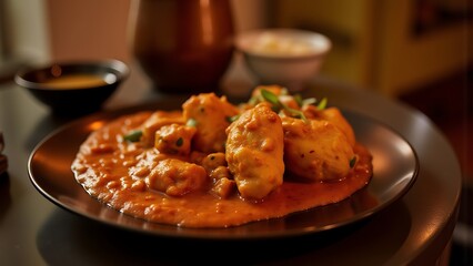 Chicken Tikka Masala Dish With Warm Ambient Lighting Japanese Minimal Food Aesthetic Relaxed Homey Setting 