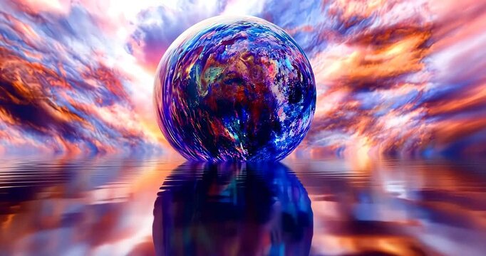 A colorful globe sits on still water, reflecting a vibrant, dreamy cloudscape.