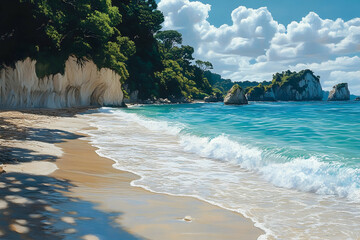 Tranquil coastal scene with white cliffs and turquoise water.