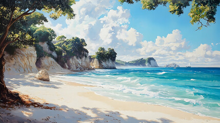 A serene beach scene under a bright sky.