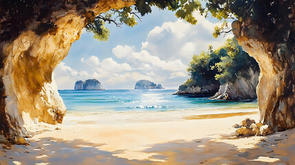 A sun-drenched beach scene framed by a cave entrance.
