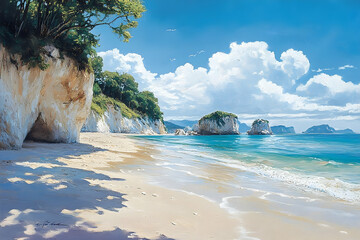 Tranquil beach scene with cliffs and a serene ocean.